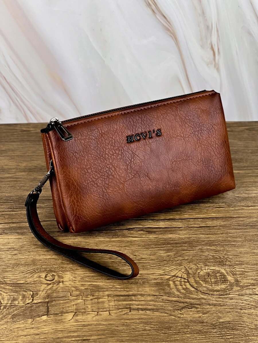 HOVI'S Mode Herren Clutch Geldbörse Geschäft Große Kapazität Clutch Handtasche Handy Tasche Doppelfach Reißverschluss Lang Geldbörse Clutch Tasche, perfektes Geschenk für Männer - Braun - Übersicht 1