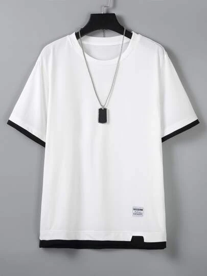 Manfinity Homme 男士T恤合身圆领落肩短袖二合一休闲韩版时尚夏季针织上衣