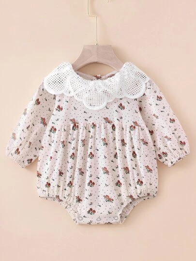 嬰兒提花蕾絲荷葉邊領口小碎花連身背心