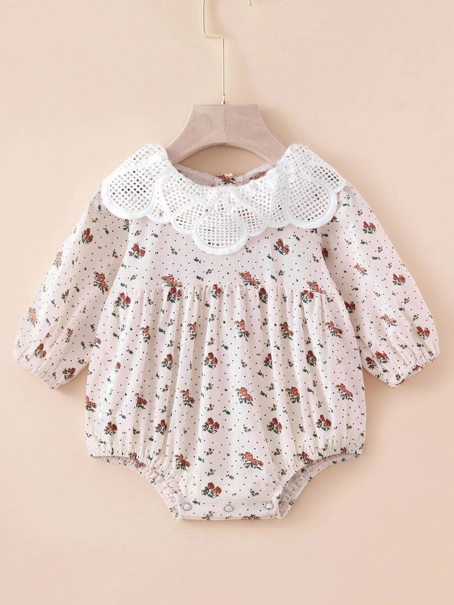 嬰兒提花蕾絲荷葉邊領口小碎花連身背心 - 彩色 - 查看 1