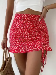 Breezaya Ditsy Floral Ruched Detail Ruffle Hem Skirt Vacation Beach Outfits Women - Red and White - View 5