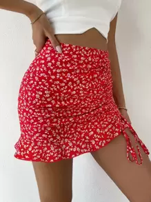 Breezaya Ditsy Floral Ruched Detail Ruffle Hem Skirt Vacation Beach Outfits Women - Red and White - View 6