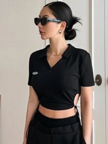 DAZY Letter Patch Detail Drawstring Side Crop Tee - Black - View 3