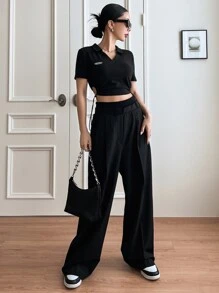 DAZY Letter Patch Detail Drawstring Side Crop Tee - Black - View 5