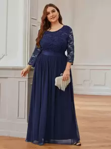 大碼大露背上身蕾絲雪紡伴娘洋裝 - 藏蓝色 - 查看 1