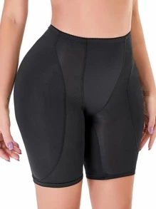 女式黑色高弹力休闲纯色塑身短裤，撞色网眼细节，长款内衣