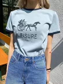 DAZY Letter & Figure Graphic Ringer Tee Summer Preppy Tops