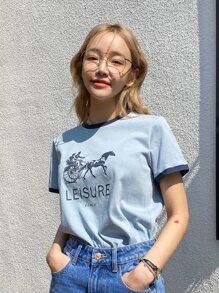 DAZY Letter & Figure Graphic Ringer Tee Summer Preppy Tops