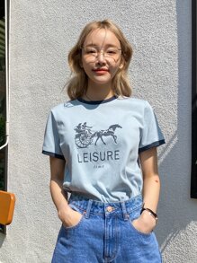 DAZY Letter & Figure Graphic Ringer Tee Summer Preppy Tops