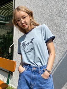 DAZY Letter & Figure Graphic Ringer Tee Summer Preppy Tops