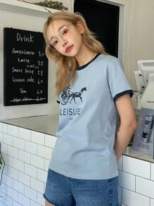 DAZY Letter & Figure Graphic Ringer Tee Summer Preppy Tops