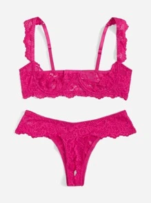 FloralLove Cut-out Lace Underwire Lingerie Set - Hot Pink - View 3