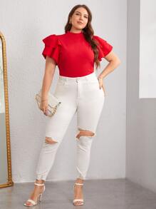 SHEIN Privé Plus Mock Neck Layered Sleeve Tee - Red - View 1