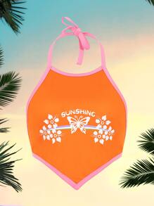 Butterfly & Floral Print Contrast Binding Tie Back Hanky Hem Halter Top - Orange - View 1