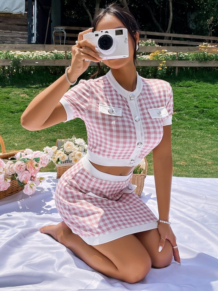 SHEIN Privé Bộ đồ hai mảnh nữ Nút phía trước Kẻ sọc Giải trí - Hồng - Xem 5