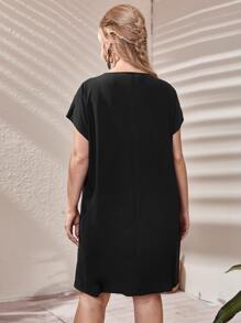 SHEIN VCAY Plus V-neck Embroidery Floral Dress - Black - View 2