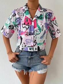 SHEIN EZwear Women's Short Sleeve Collar Drop Shoulder Crop Top Figure Graphic Button Down Shirts Blouse - Multicolor - View 7