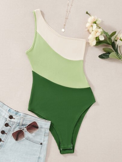 Body à blocs de couleurs côtelé asymétrique