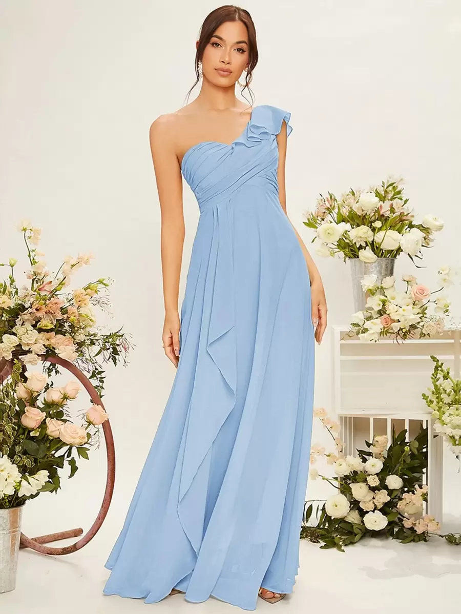 SHEIN Belle One Shoulder Ruffle Trim Bridesmaid Dress Elegant Dress - Baby Blue - View 1