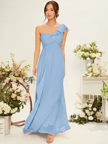SHEIN Belle One Shoulder Ruffle Trim Bridesmaid Dress Elegant Dress - Baby Blue - View 3
