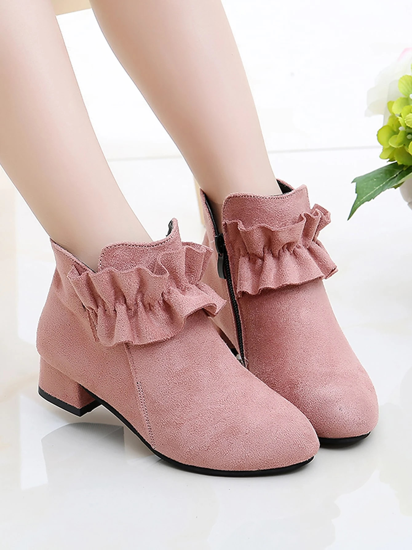 Girls ジップサイド フリルトリム チャンキーヒール ブーツ