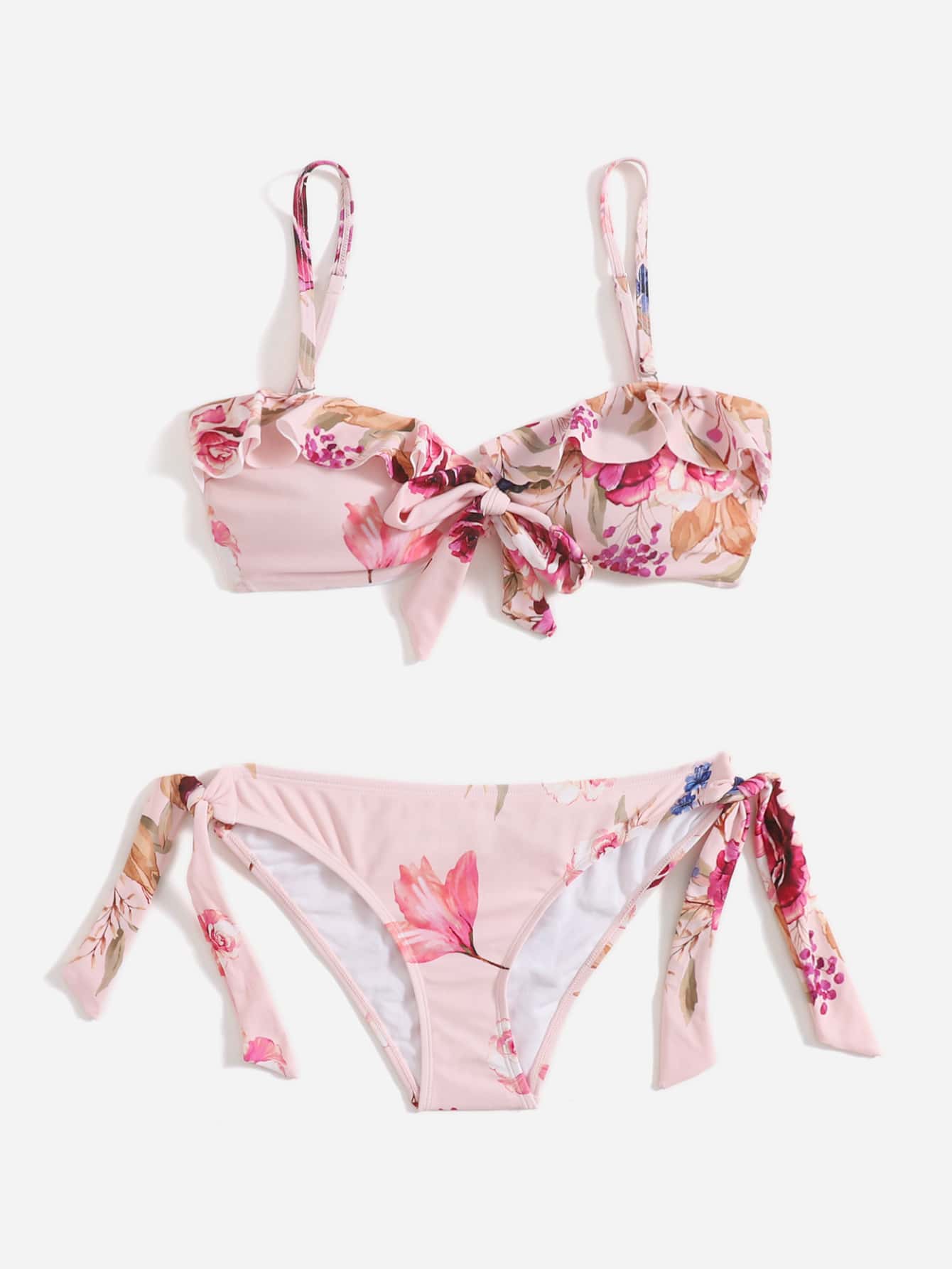 Bikini bandeau con volantes florales y atado en los lados - Multicolor - Ver 1