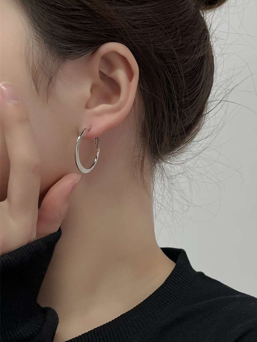 極簡風格圓耳環 - 銀色 - 查看 1