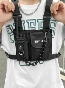 Men Letter Graphic Chain Decor Chest Rig Bag Sling Bag - Black - View 1