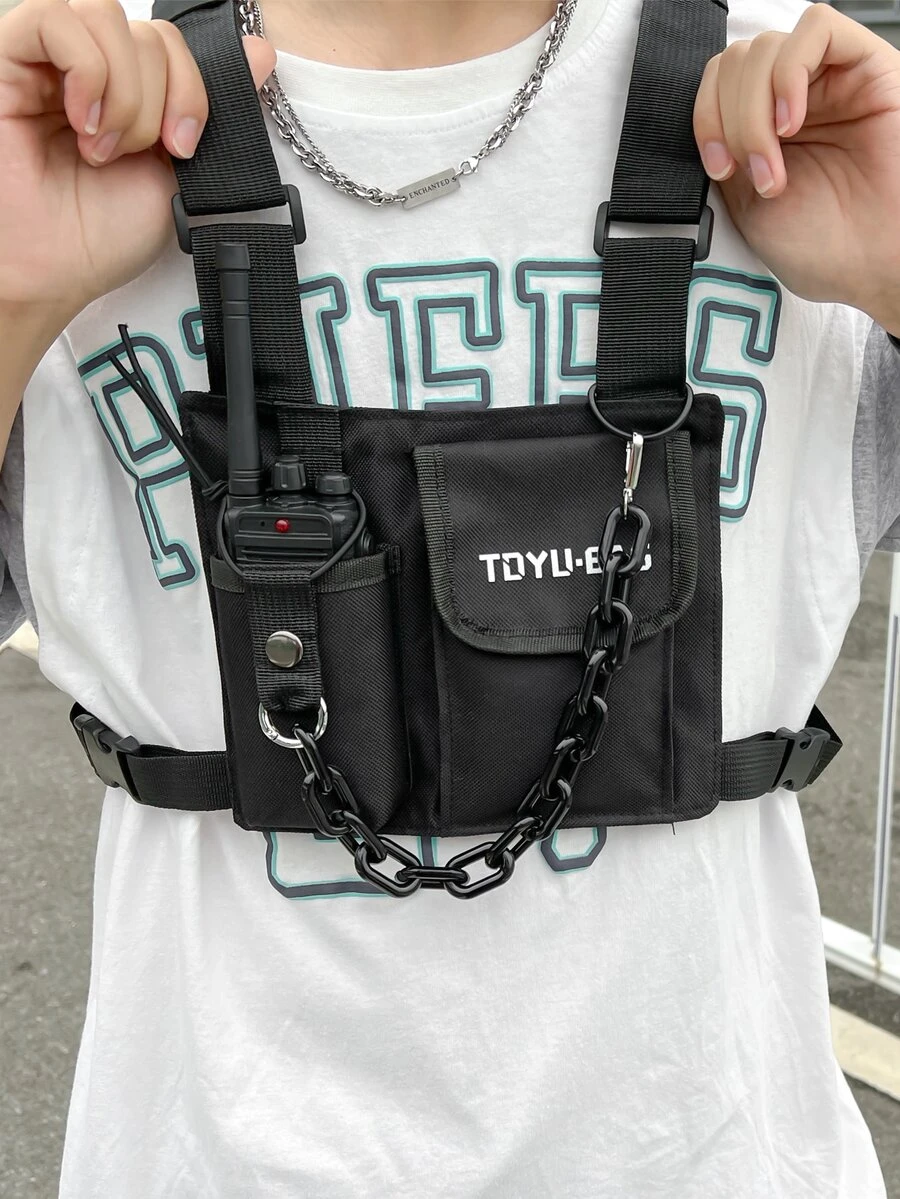 Men Letter Graphic Chain Decor Chest Rig Bag Sling Bag - Black - View 1