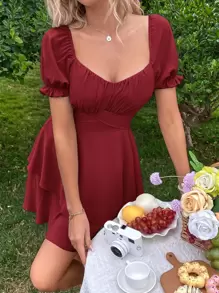 SHEIN MOD Sweetheart Neck Layered Hem Milkmaid Dress - Burgundy - View 1