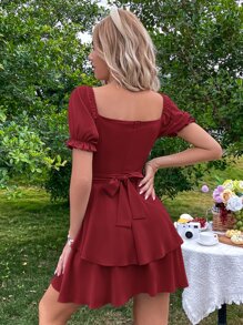 SHEIN MOD Sweetheart Neck Layered Hem Milkmaid Dress - Burgundy - View 2