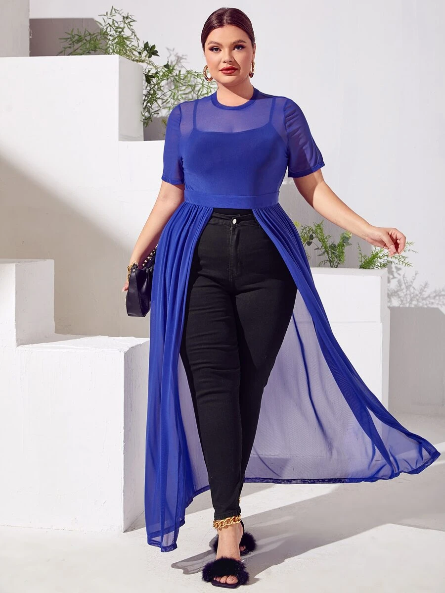 Mulvari 大碼不對稱下擺網紗襯衫不附帶吊帶內搭 - 寶藍色 - 查看 1