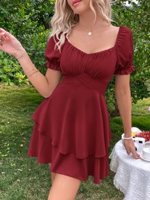 SHEIN MOD Sweetheart Neck Layered Hem Milkmaid Dress - Burgundy - View 4