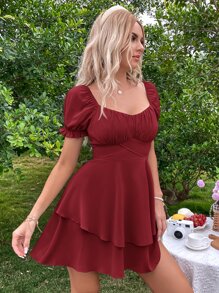 SHEIN MOD Sweetheart Neck Layered Hem Milkmaid Dress - Burgundy - View 5