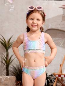 Young Girl 1set Block Striped Contrast Piping Bikini Set Summer Beach - Multicolor - View 1