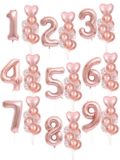 11 件/套数字和心形气球，玫瑰金铝制气球，适合生日周年派对、圣诞节