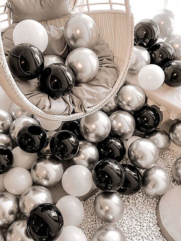 35pcs Black, White And Silver Wedding/Birthday Decoration Balloon Set, Graduation, Wedding Party, Room Decor Latex Balloons