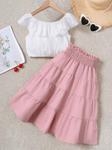 SHEIN Girls Ruffle Trim Top & Shirred Waist Skirt - Multicolor - View 2