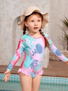 Young Girl 1pack Floral Print Ruffle Trim Cut Out Back One Piece Swimsuit - Multicolor - View 1