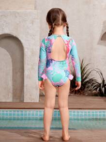 Young Girl 1pack Floral Print Ruffle Trim Cut Out Back One Piece Swimsuit - Multicolor - View 2