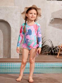 Young Girl 1pack Floral Print Ruffle Trim Cut Out Back One Piece Swimsuit - Multicolor - View 3