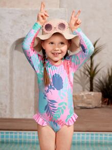 Young Girl 1pack Floral Print Ruffle Trim Cut Out Back One Piece Swimsuit - Multicolor - View 4