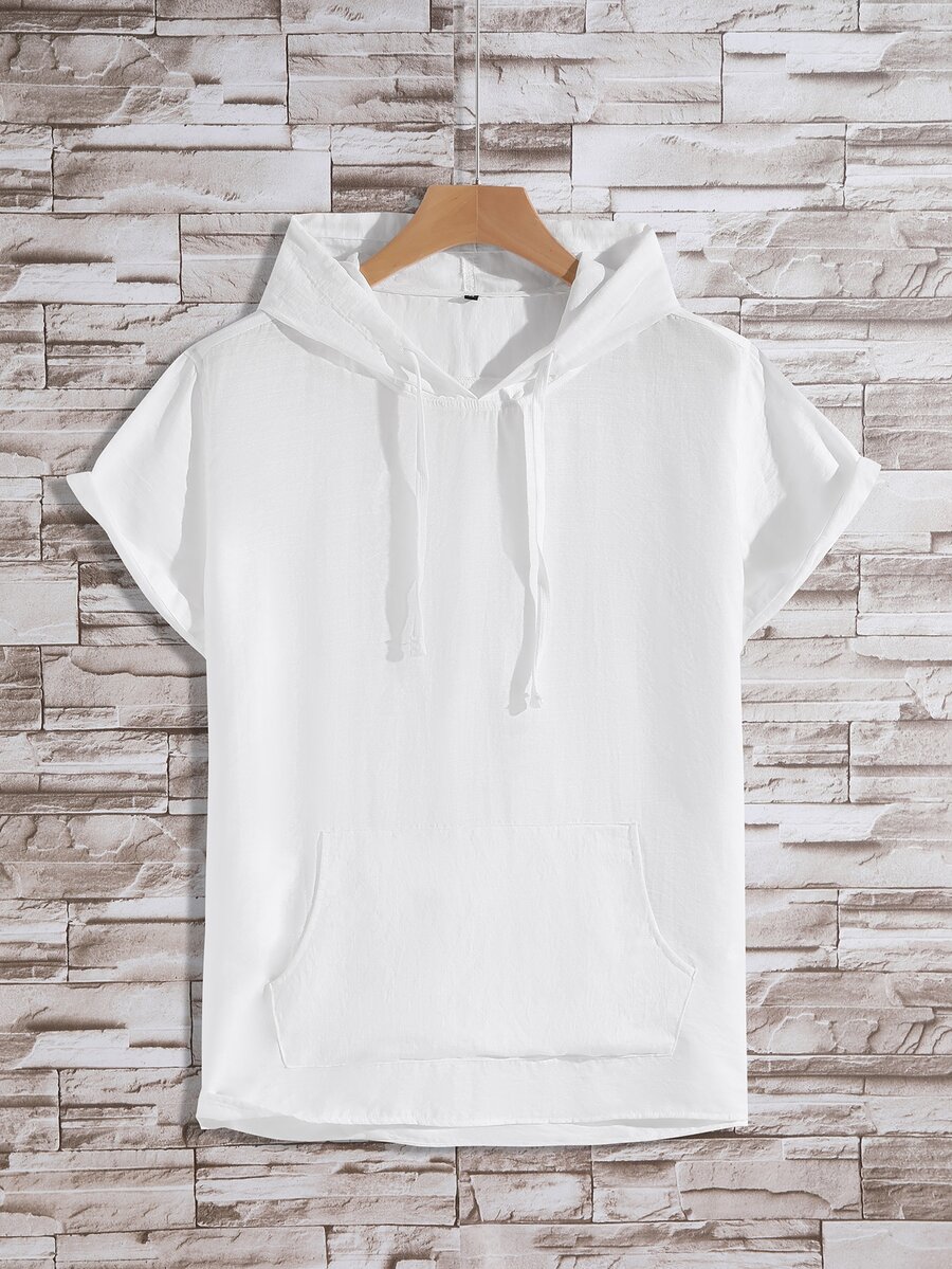 Manfinity 男士袋鼠口袋抽繩連帽高低下擺襯衫 - 白色 - 查看 1