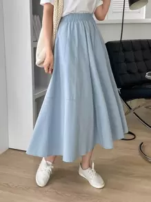 DAZY Falda Acampanada Unicolor De Cintura Alta - Celeste - Ver 1