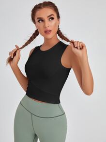 Yoga Basic Solid High Stretch Sports Tank Top - Black - View 1