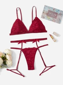 Seduluxe 3pack Floral Lace Bow Front Thong Garter Lingerie Set Bow Tie