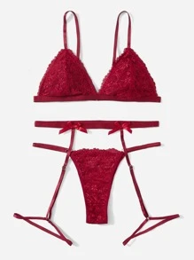 Seduluxe 3pack Floral Lace Bow Front Thong Garter Lingerie Set Bow Tie