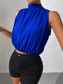 Almamuse 後綁帶素色無袖襯衫 - 寶藍色 - 查看 3