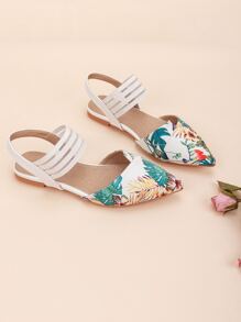 Tropical Print Point Toe Ankle Strap Flats
