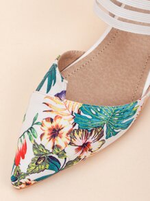 Tropical Print Point Toe Ankle Strap Flats